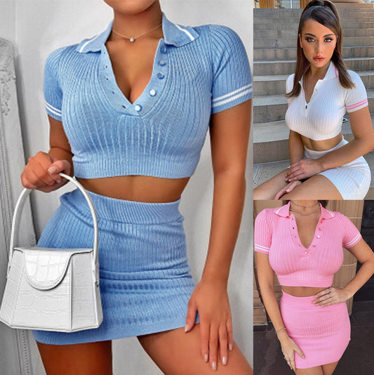 European And American Skirt Cropped Sweater Two-piece Set