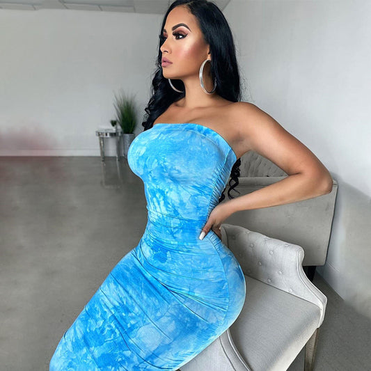 One-shoulder tube top print dress
