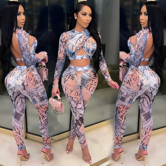 Printed Mesh See-Through Long-Sleeved Casual Suit