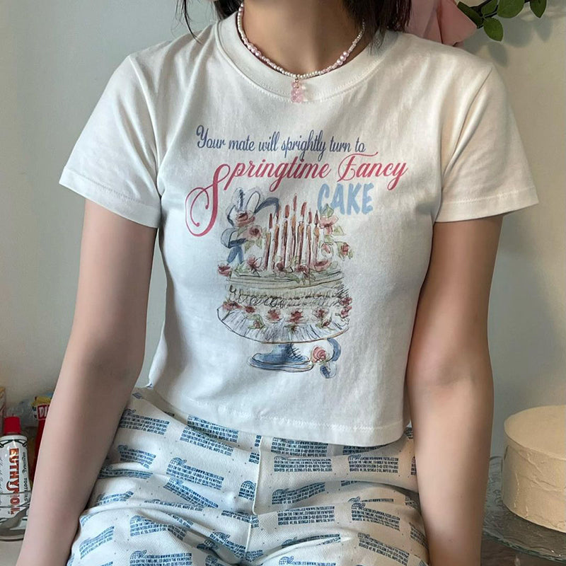 Cute Color Lead Printing Round Neck Short-sleeved T-shirt