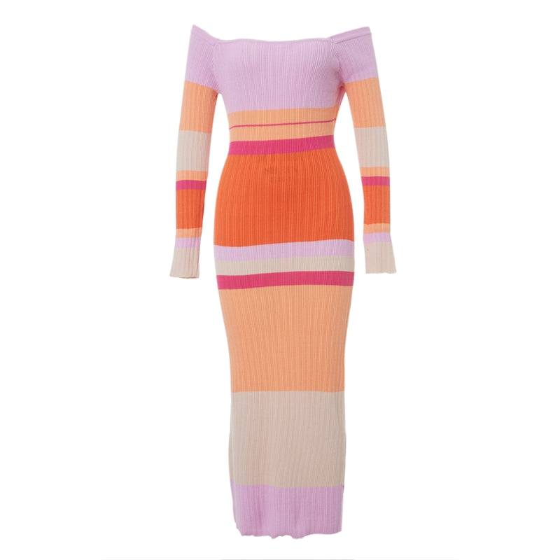 Women's Long Sleeve Knitted Striped Dress Women