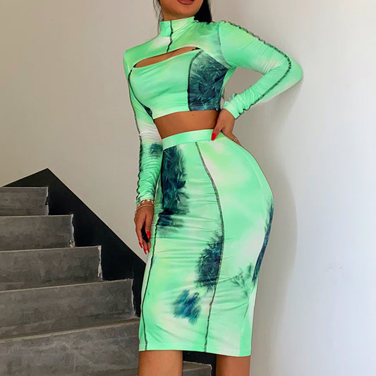 Tie-dyed Printed Half-high Neck Cut-out Top And Skirt