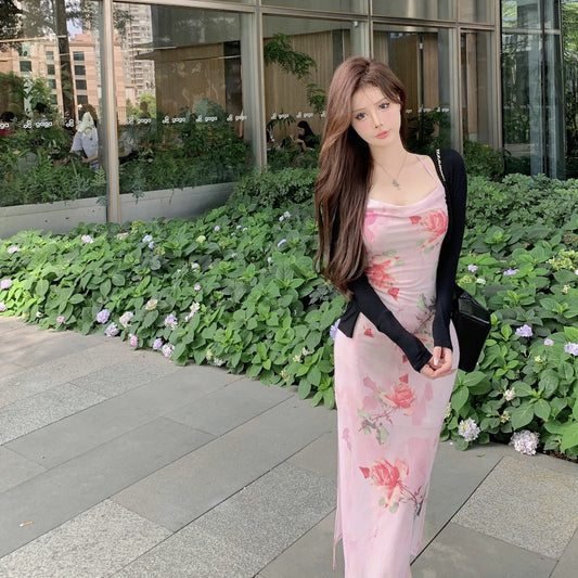 Women's Vintage Slit Floral Suspender Dress