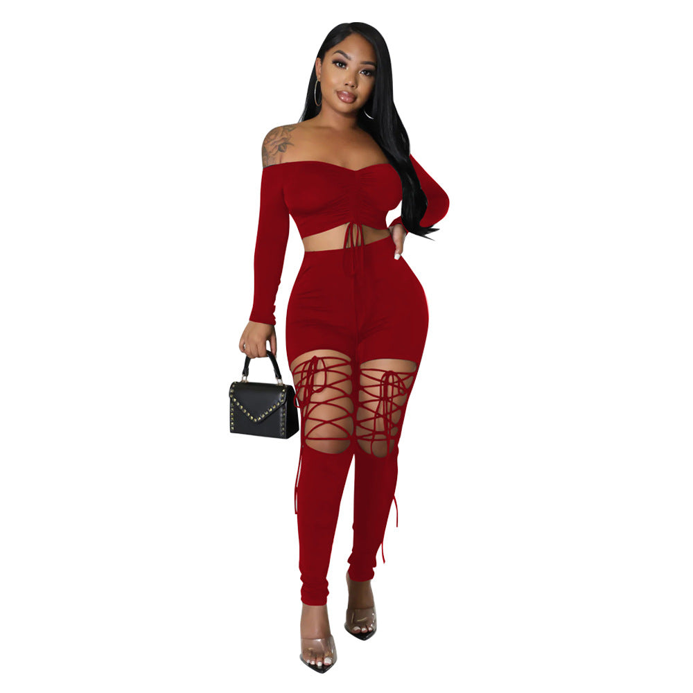 Europe And The United States Women's Solid Color Backless Strapless Drawstring Straps Two-piece