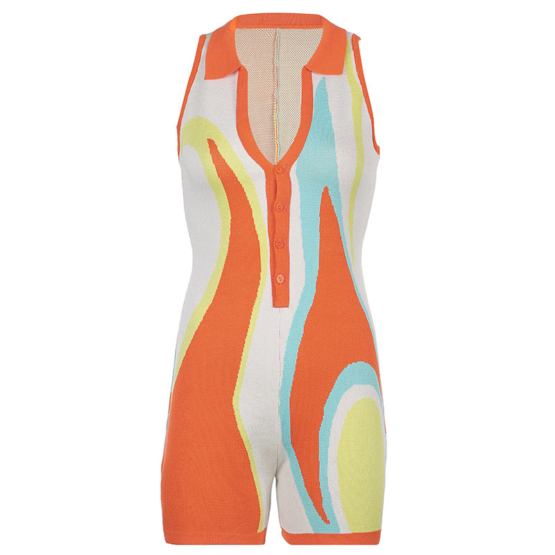 New Color Block Stitching Sleeveless Jumpsuit Shorts
