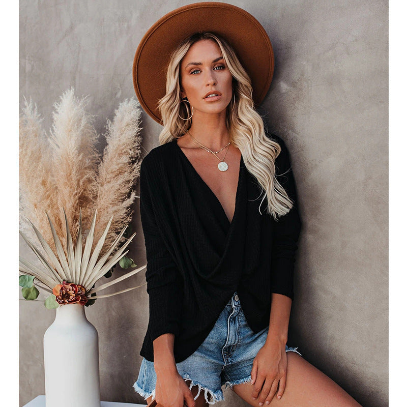 Casual Solid Color Long Sleeve V-Neck T-Shirt Top