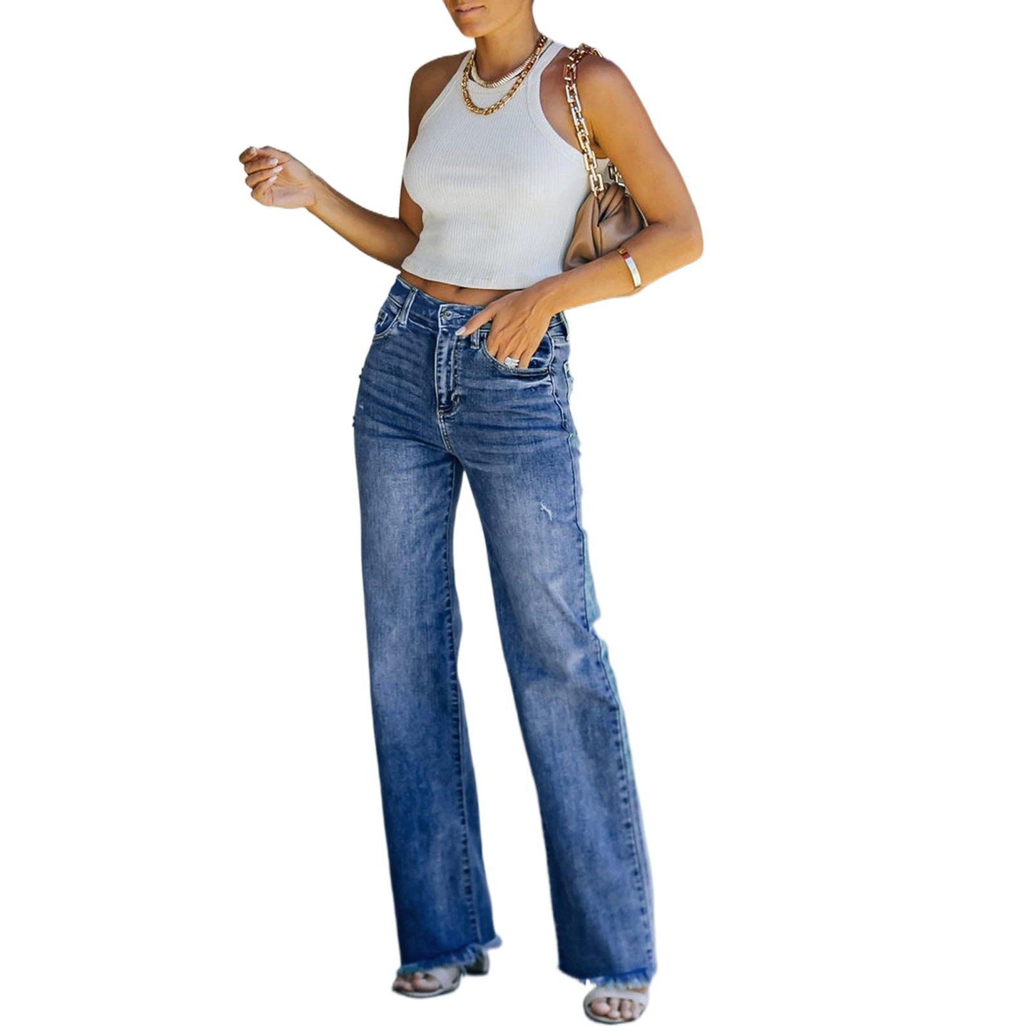Women's Hipster Straight Leg Trousers Washing Water Waist