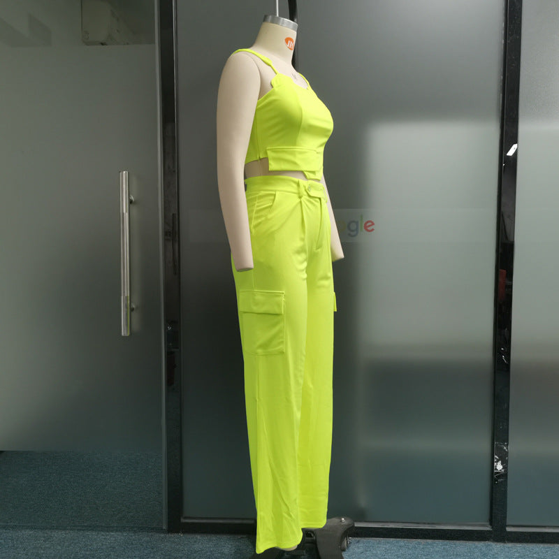 Women's Loose Fitting Straight Leg Pants Solid Color Two-piece Set