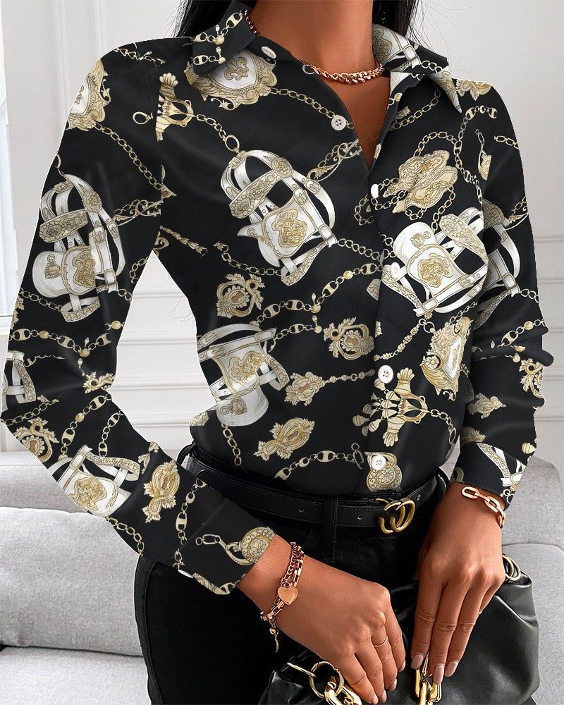 Loose Long Sleeve V Neck Button Print Shirt Women