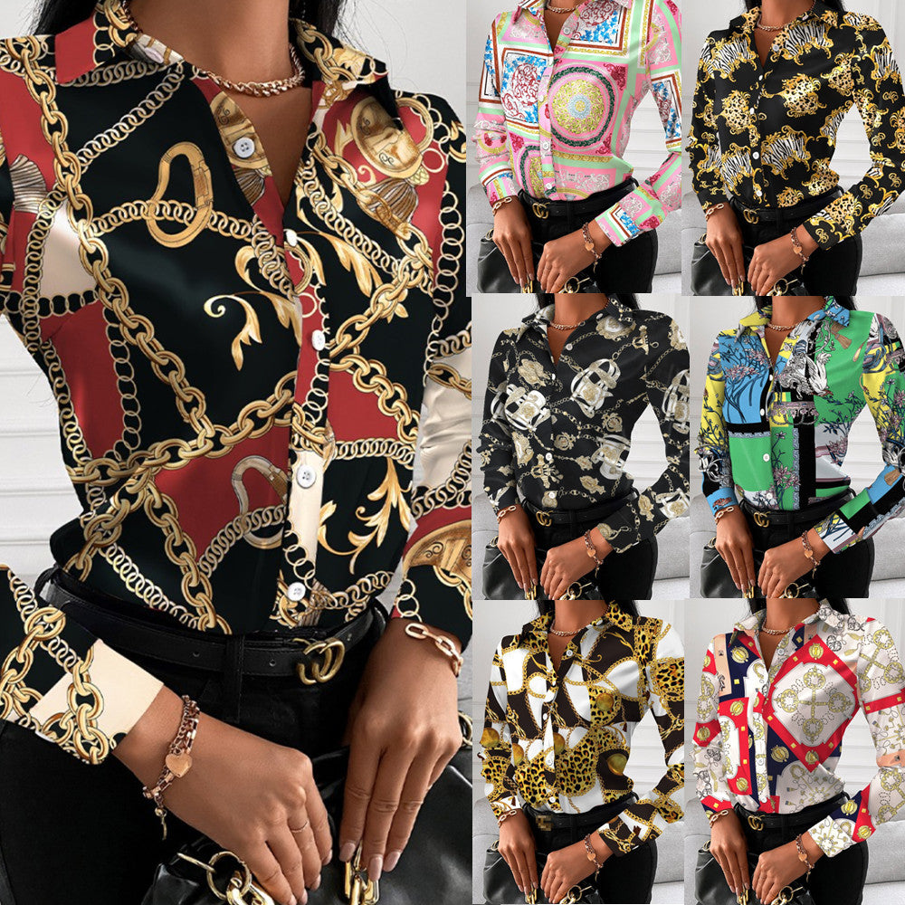 Loose Long Sleeve V Neck Button Print Shirt Women