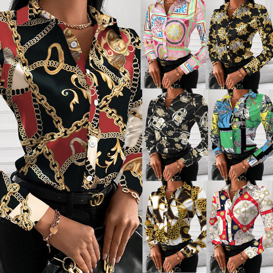 Loose Long Sleeve V Neck Button Print Shirt Women