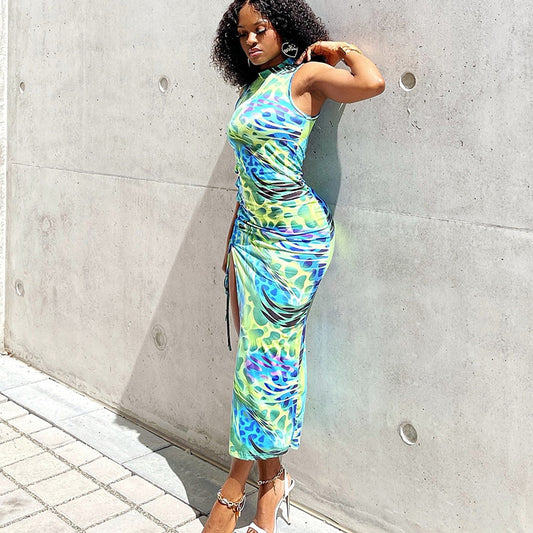 Round Neck Sleeveless Printing Lace Split Mid Length Dress For Women