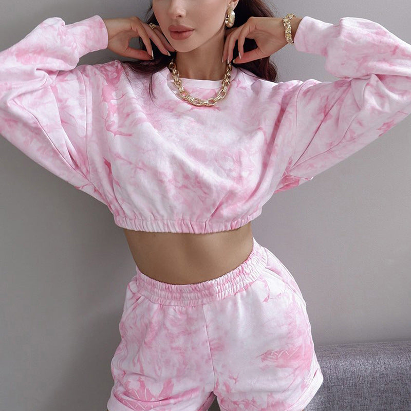 Round Neck Long Sleeve Crop Top Waist Rope Shorts Fashion Tie Dye Printed Casual Set Autumn Clothes