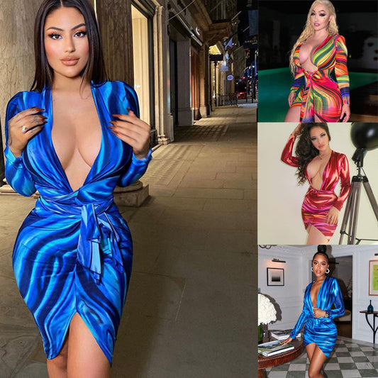 Women's Fashion Print V-Neck Tie Long Sleeve Slim Dress