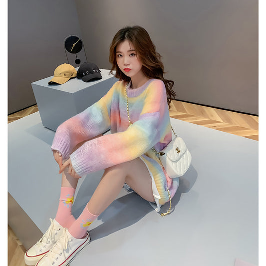 Striped sweater women's Pullover rainbow crew neck