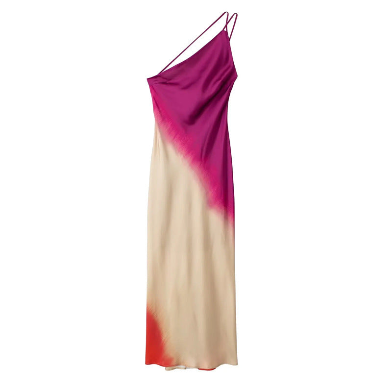 Women's Slant-shoulder Collar Tie-dye Strap Slim Dress