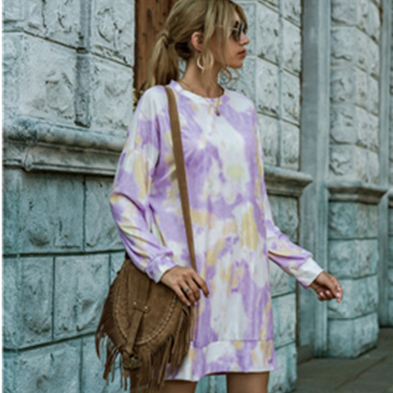 Women's Fashionable Knitted Sweater Long Sleeve Tie-dye Dress