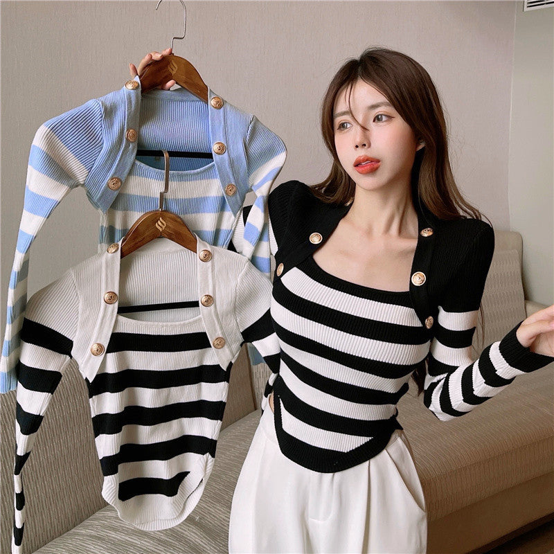 Slim Fit Striped Bottoming Knitted Sweater Top
