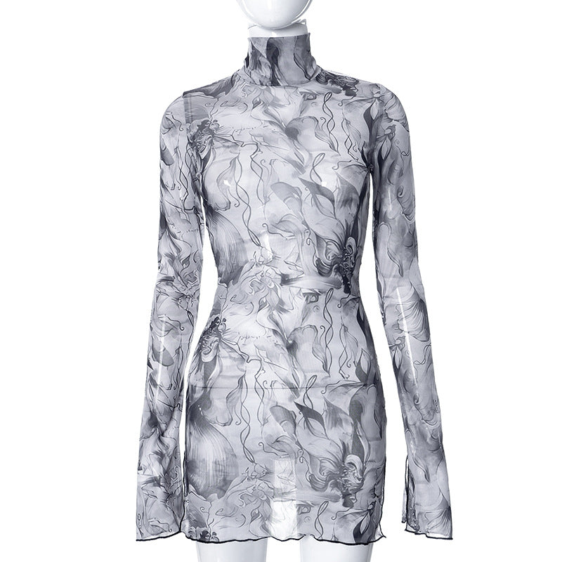 Mesh Floral Print Round-neck Flared Sleeves Side Open Sheath Dress