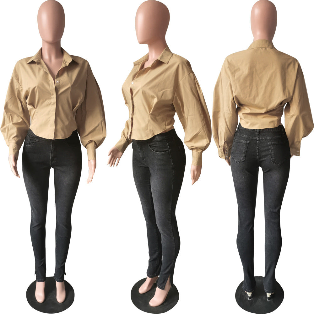 Fashion slim temperament solid color lantern sleeve shirt