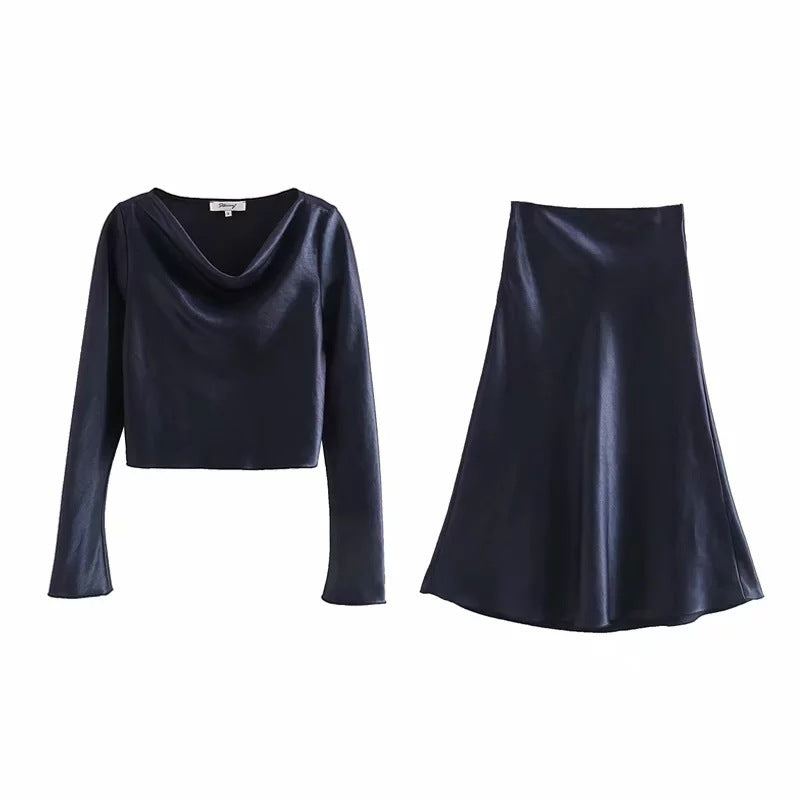 Long sleeve short T-shirt + satin skirt casual suit