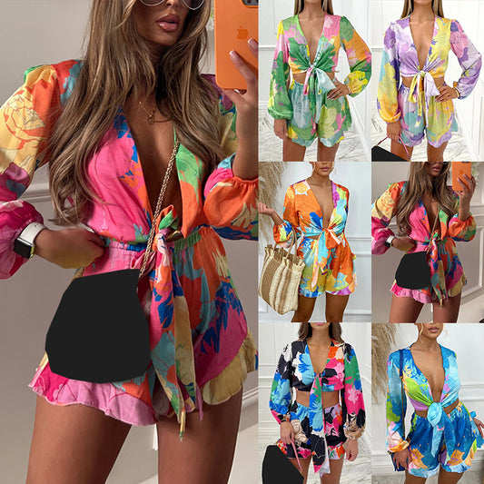 Temperament Print Cardigan Top Shorts Fashion Casual Suit