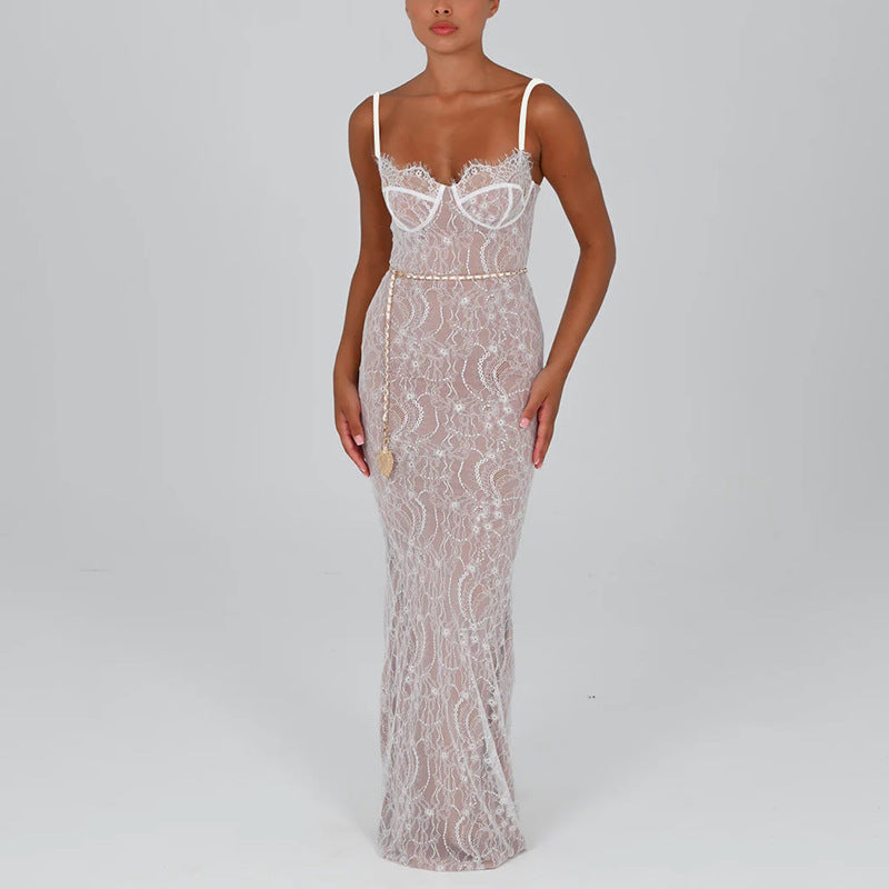 New Lace Splicing Sling Long Dress