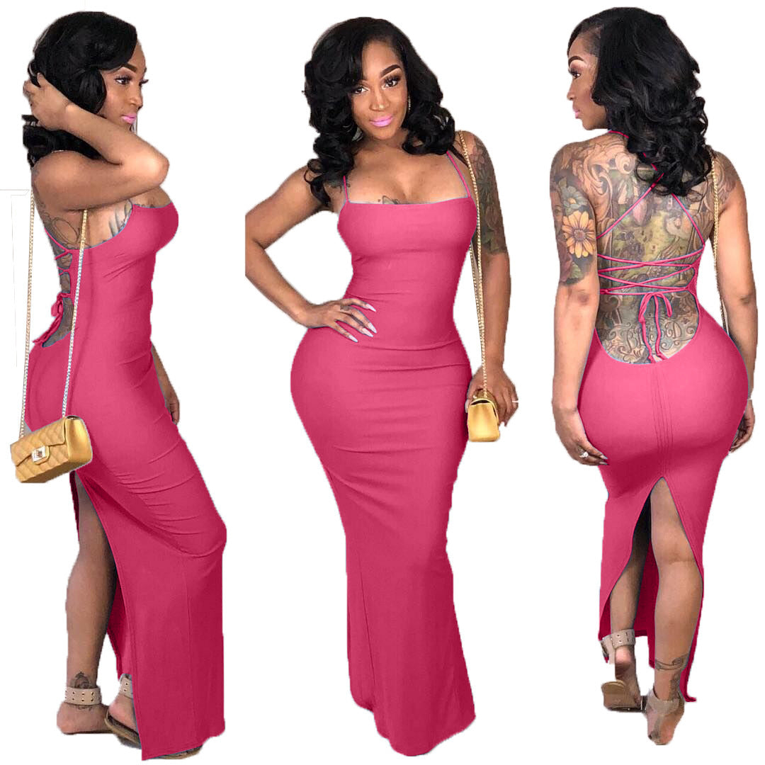 Hollow split solid color long dress