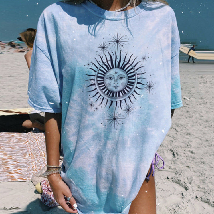 Casual Round Neck Short Sleeve Printed Tie-dye Pullover Women's T-shirt