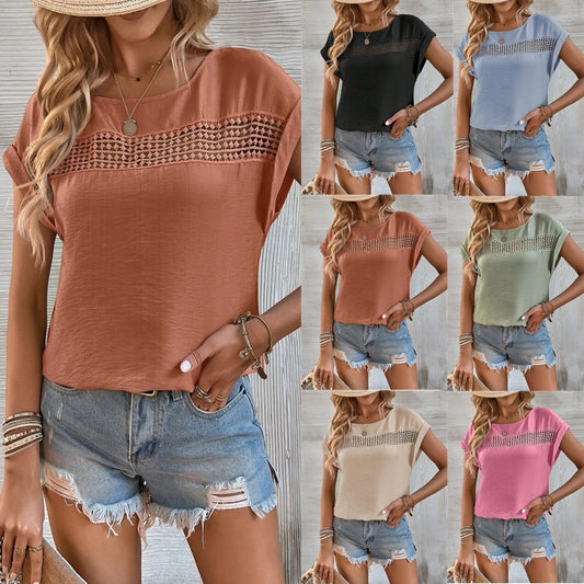 Women's Summer New Casual Solid Color Stitching Lace Top