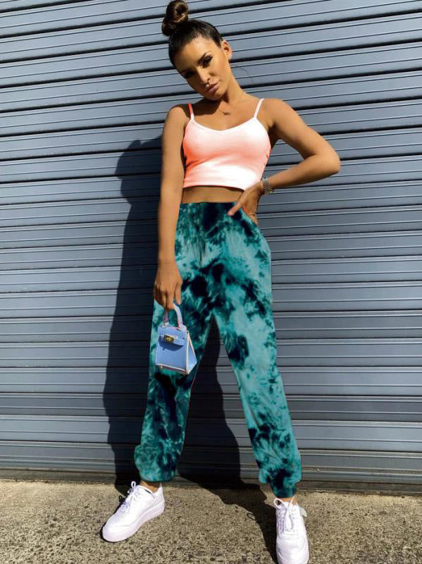 Women's Elastic High Waist Tie Dye Rainbow Slim Casual Pants