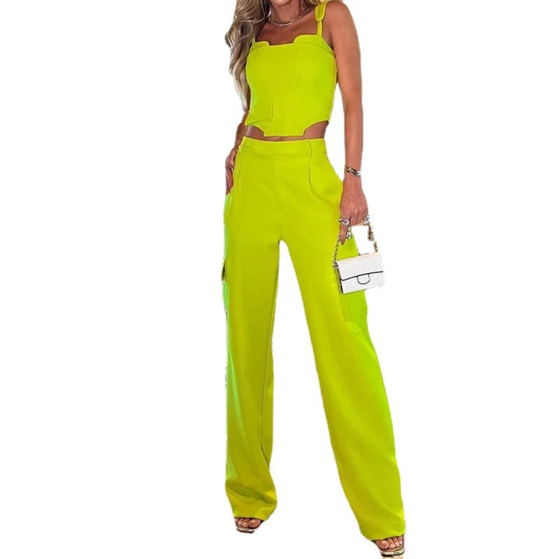 Women's Loose Fitting Straight Leg Pants Solid Color Two-piece Set