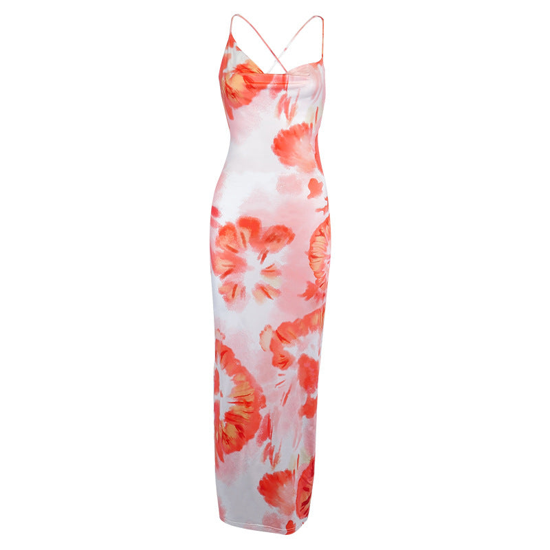 Autumn Foreign Trade Women's Clothing Fashion Printed Loose Back Rope Halter Long Dress