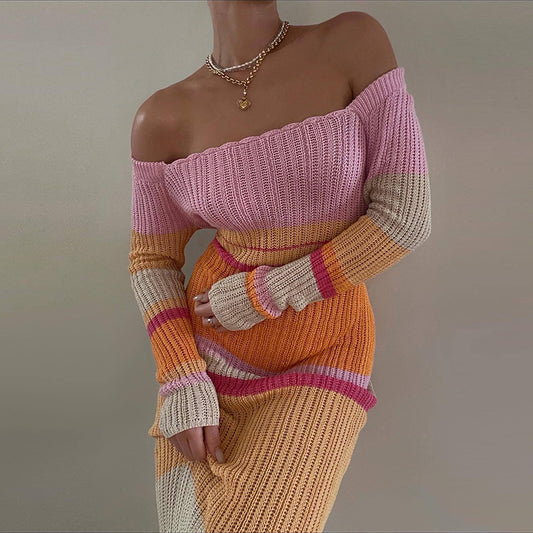 Women's Long Sleeve Knitted Striped Dress Women