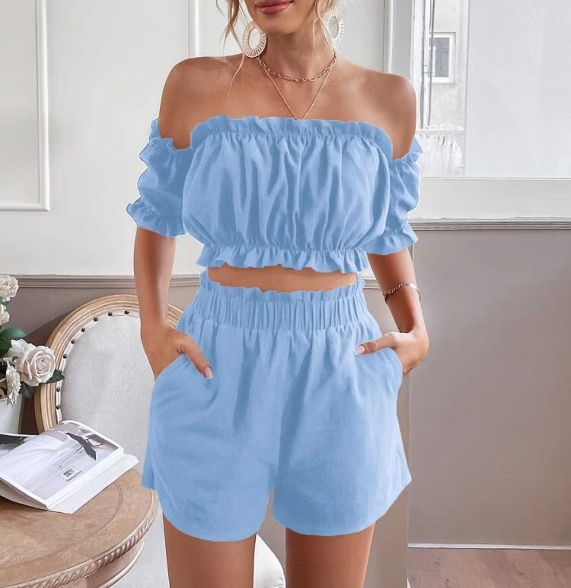European And American Spring Leisure Solid Color Short Sleeve Set