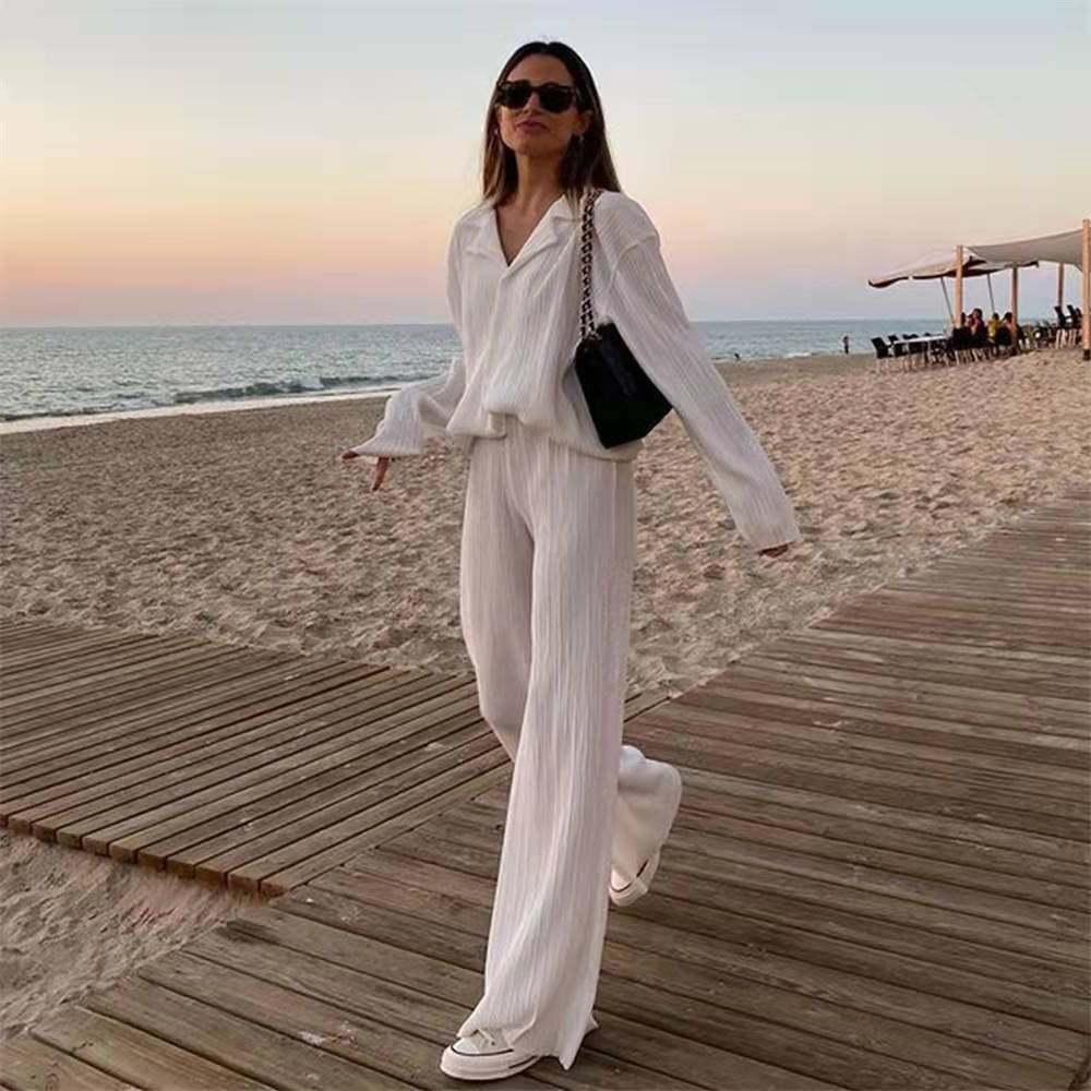 Women's Solid Color Drape Loose Silky Pleated Casual Two-Piece Set