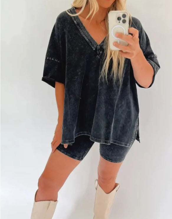 Women's V-Neck Denim-like Short-sleeved T-shirt Casual Shorts Suit