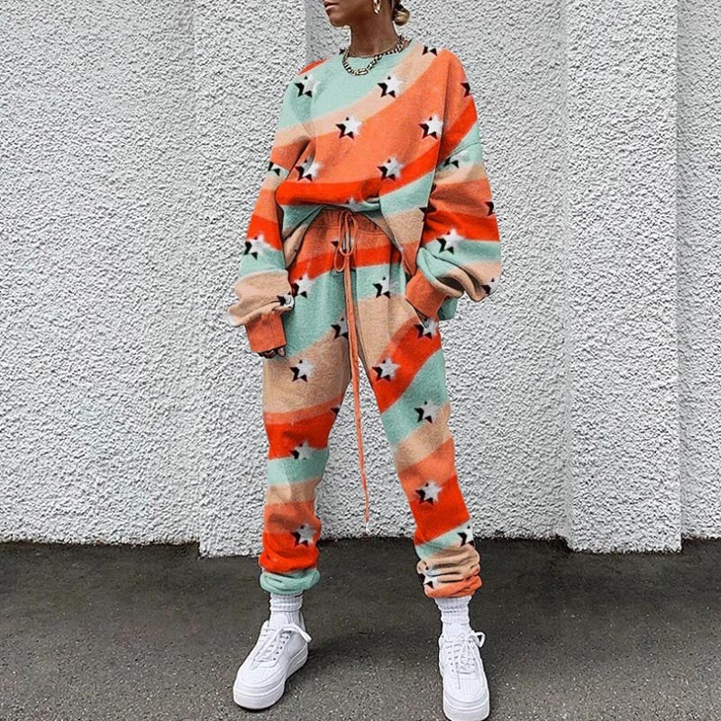 Fashion Printed Round Neck Long Sleeve Trousers