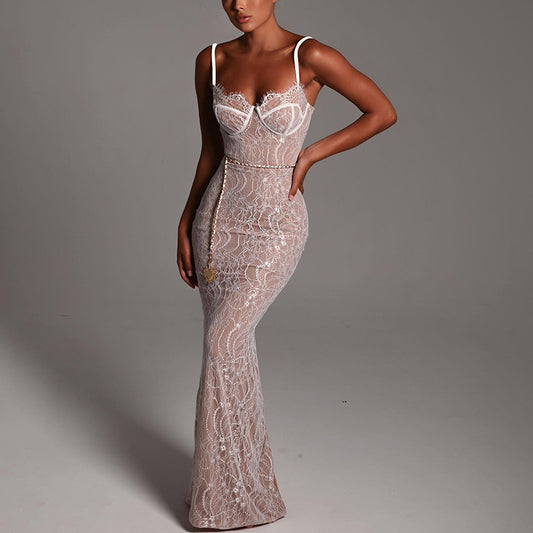 New Lace Splicing Sling Long Dress