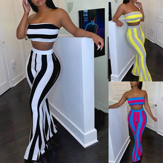 New Women's Suit Striped Printed Chest-Wrapped Flared Pants With Two-Piece Buttocks