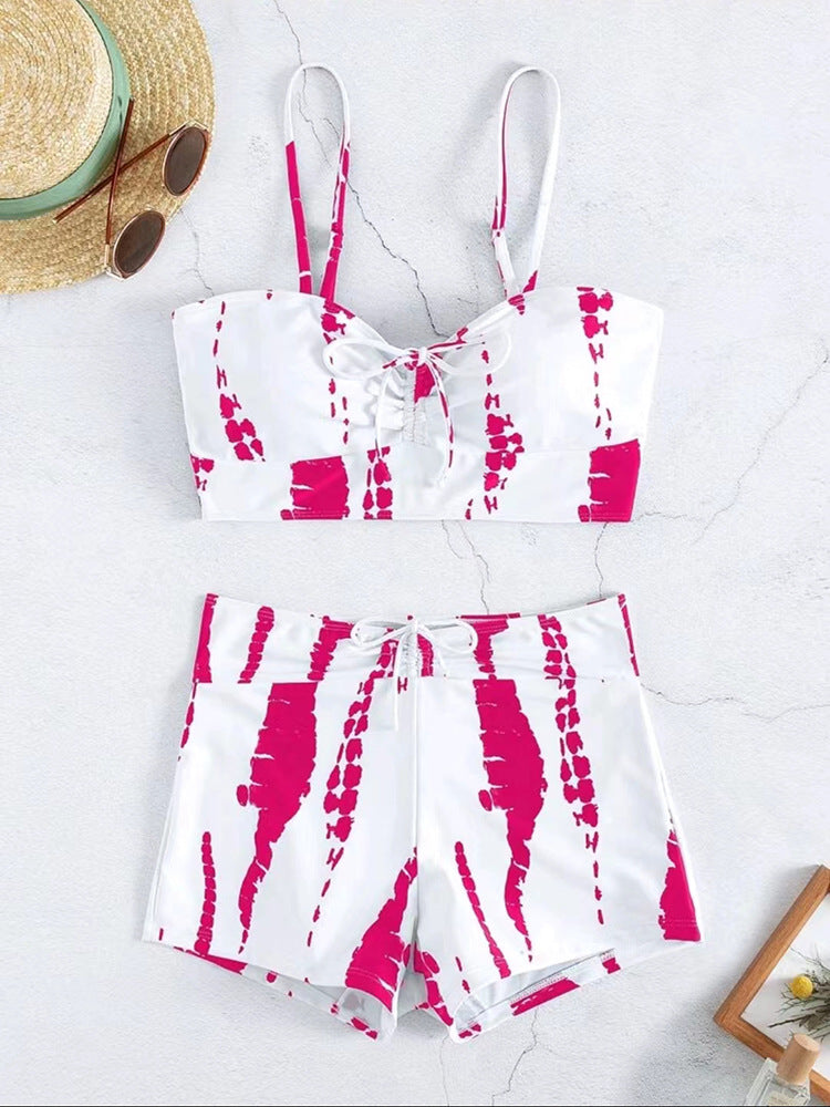 European And American Split High Waist Boxer Lace Printing Swimsuit