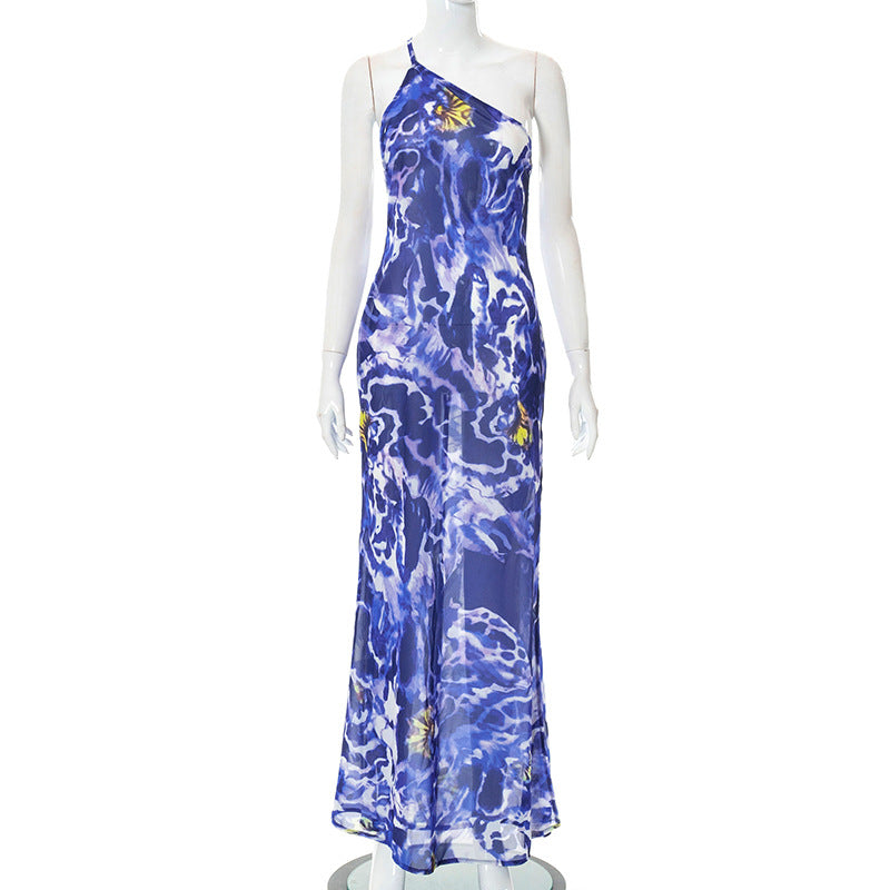 Women's Slanted Shoulder Sleeveless High Slit Chiffon Holiday Dress