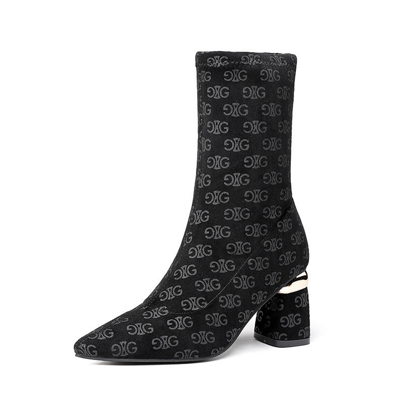 Women's Stretch Knitted Chunky Heel Mid Tube High Heel Elastic Slip-on Martin Boots