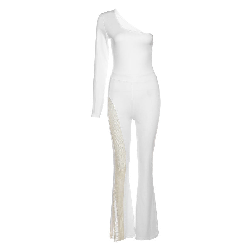 Autumn Women's Fashion One-shoulder Long-sleeved Mesh Jumpsuit