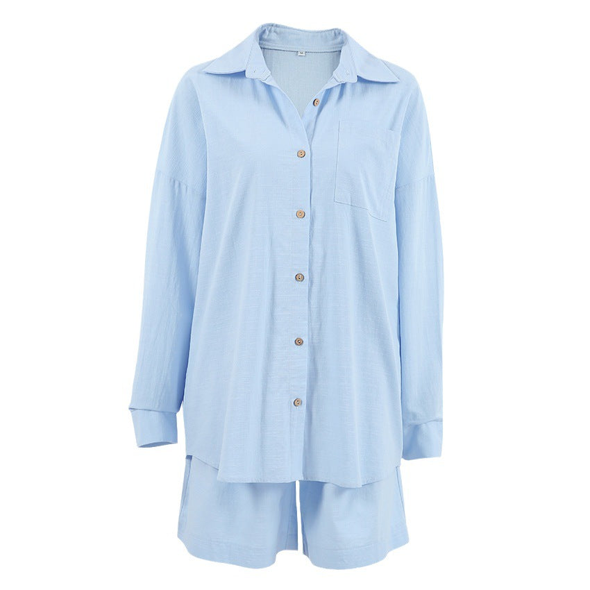 Fashion Cardigan Cotton And Linen Pure Color Comfort Pajamas Two-piece Set