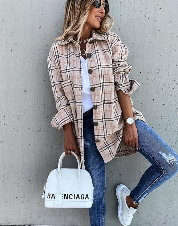 Loose Casual Retro Plaid Long-sleeved Shirt