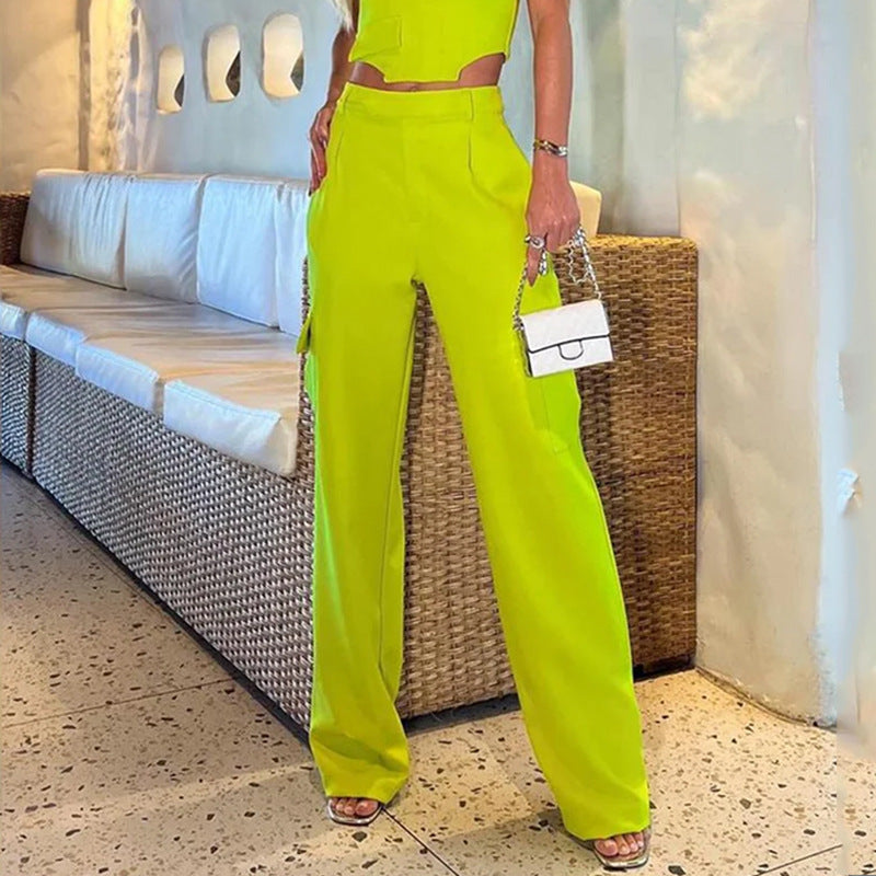 Women's Loose Fitting Straight Leg Pants Solid Color Two-piece Set
