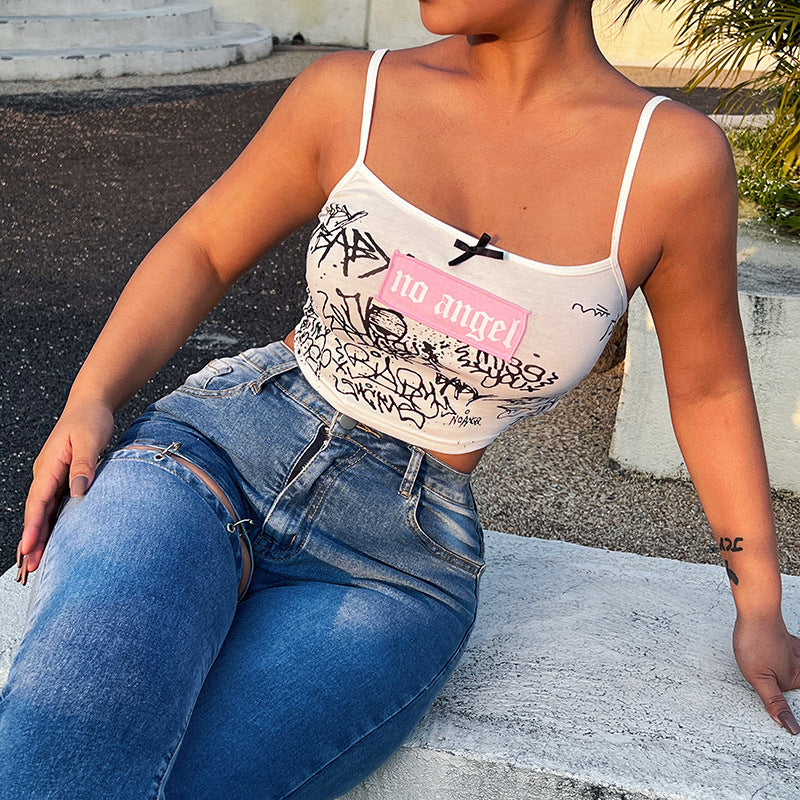 Women's Graffiti Suspenders Cropped One Shoulder Top