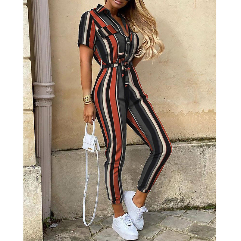 Casual Lapel Printed Belt Overalls