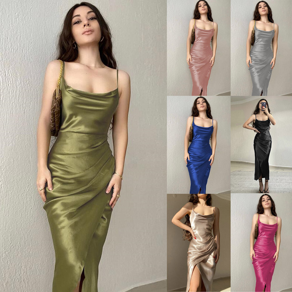 Women's Low Cut Satin Split Sling Dress